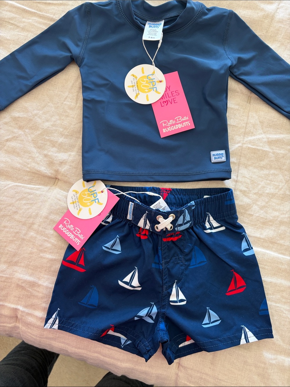 RuggedButts Navy Rash Guard & Sailboat Print Swim Trunks Set NWT